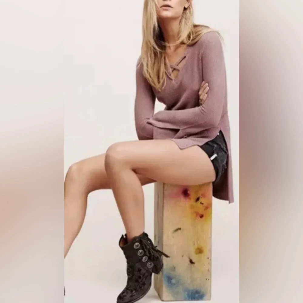 Free People Mauve Crisscross Side Slit Long Bell‎ Sleeves Tunic Sweater Small